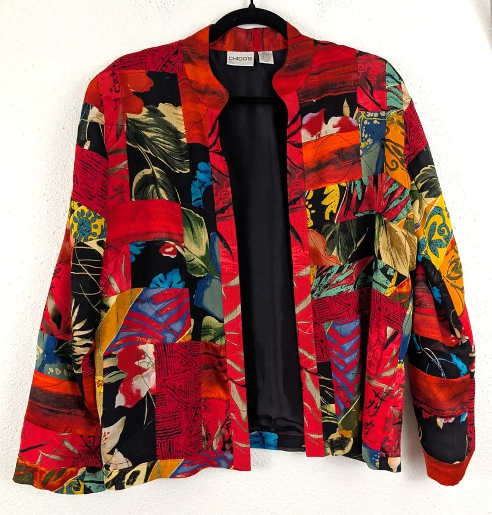 Chico's sz 1 M 8-10 100% silk Open Front Jacket lined colorful asian theme 4033